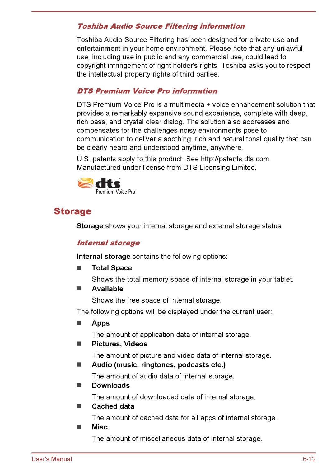 Toshiba AT10-A Storage, Toshiba Audio Source Filtering information, DTS Premium Voice Pro information, Internal storage 
