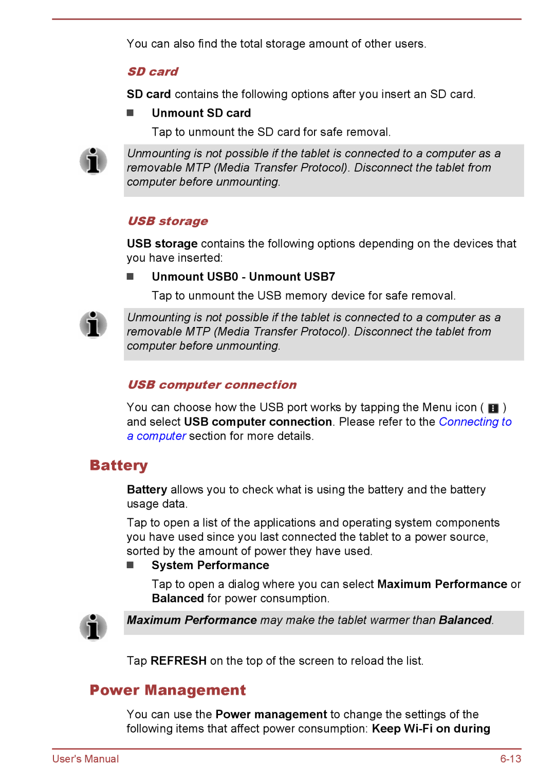 Toshiba AT10-A user manual Battery, Power Management, SD card, USB storage, USB computer connection 