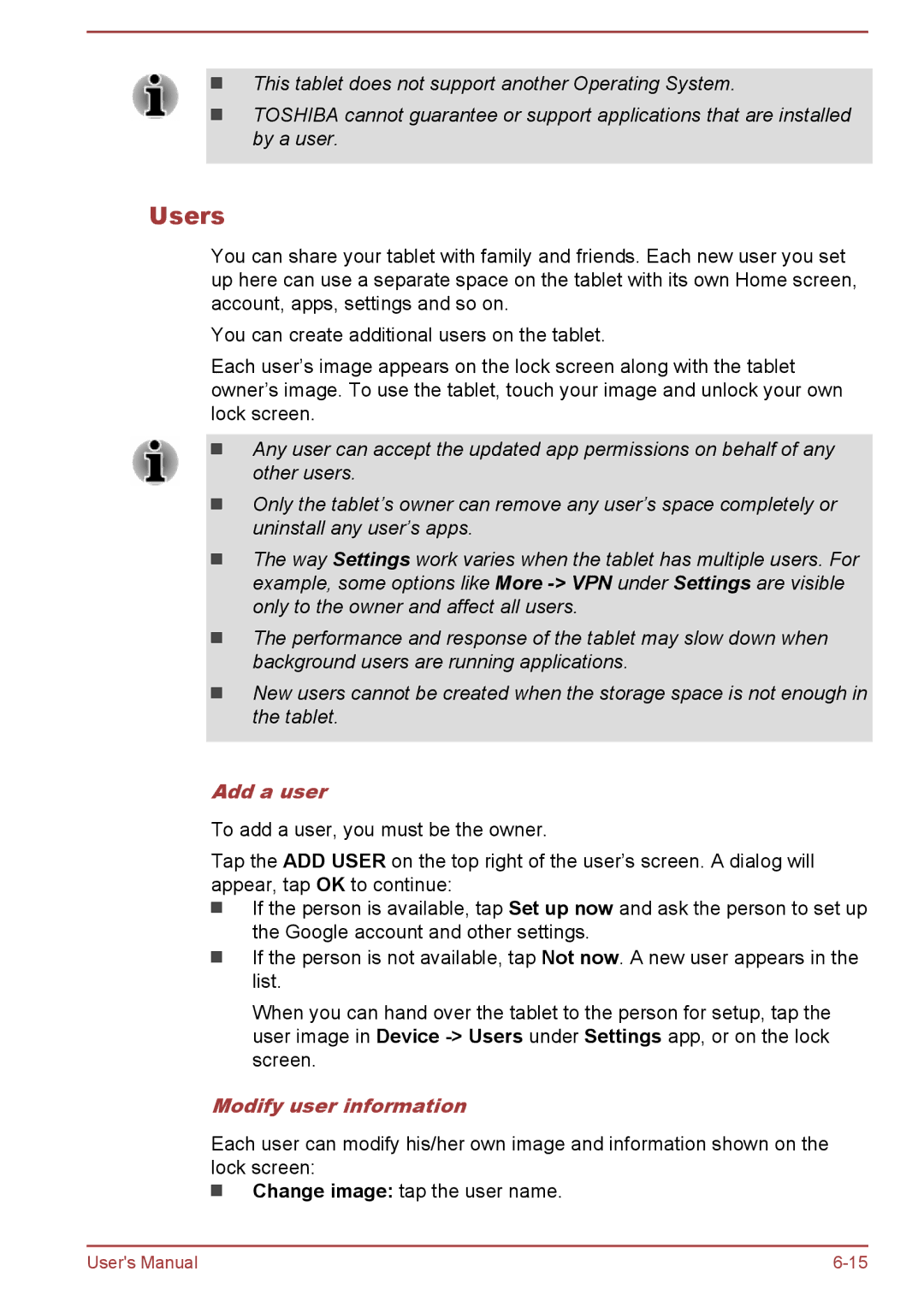 Toshiba AT10-A user manual Users, Add a user, Modify user information 