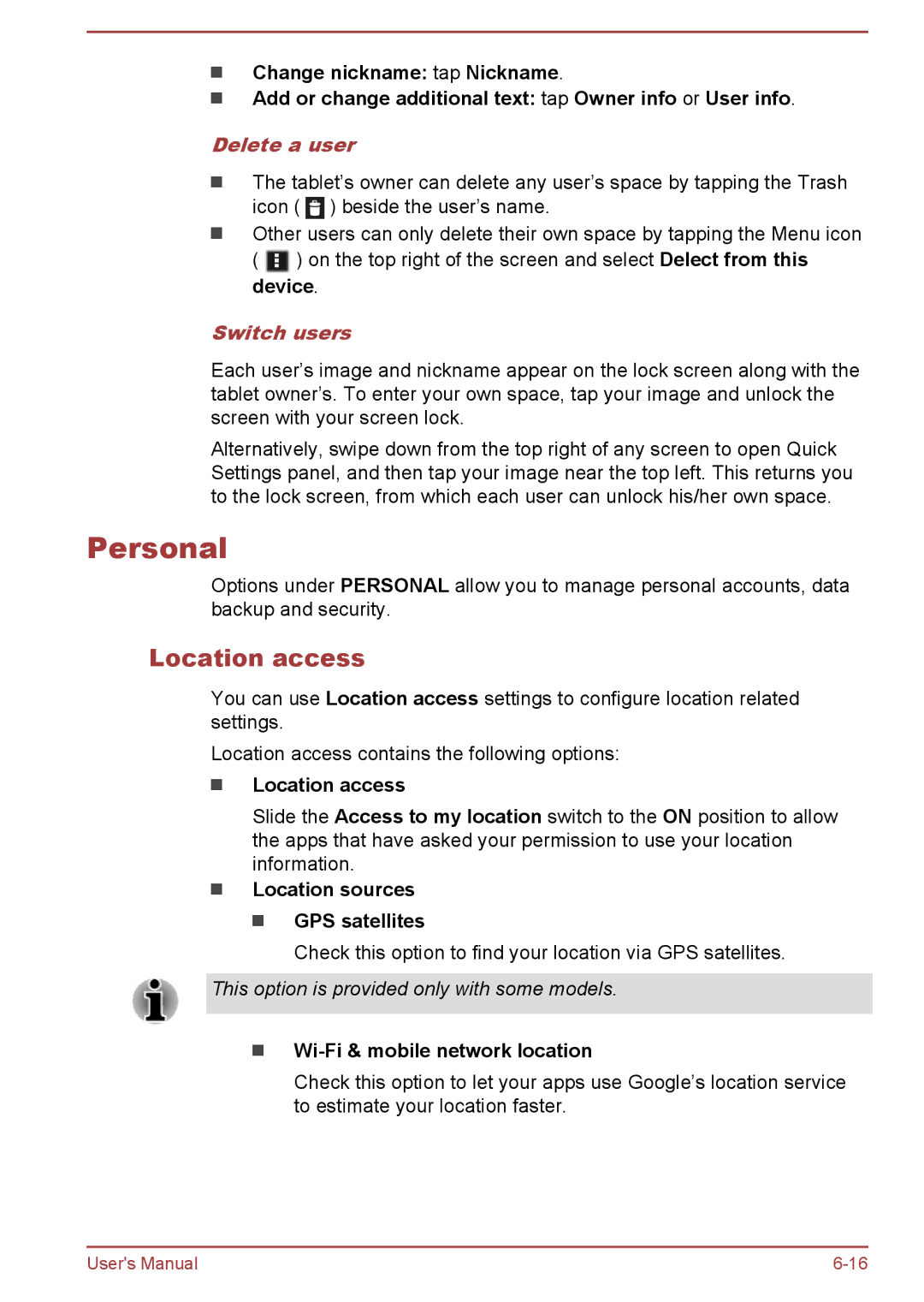 Toshiba AT10-A user manual Personal, Location access, Delete a user, Switch users 