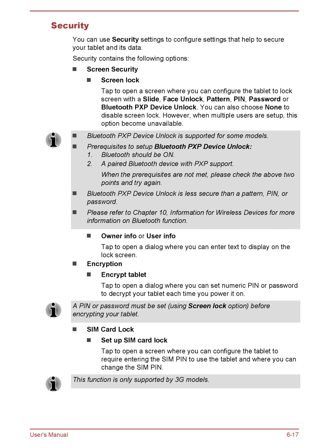 Toshiba AT10-A user manual Screen Security Screen lock, Owner info or User info, Encryption Encrypt tablet 