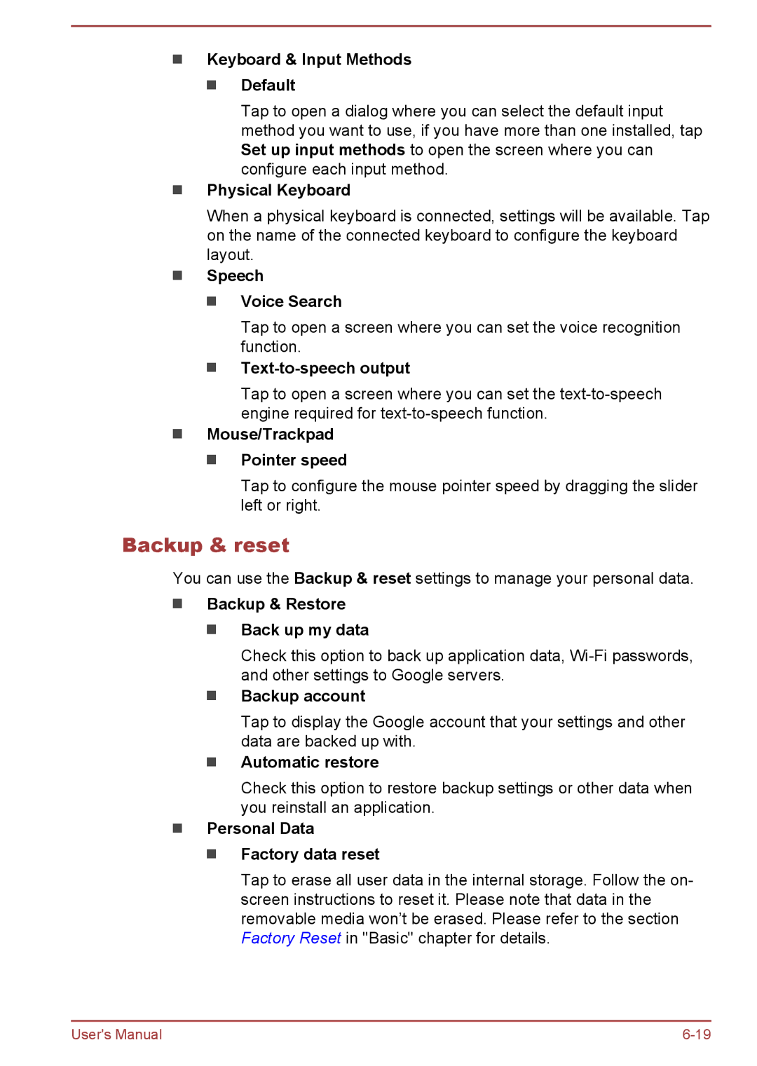 Toshiba AT10-A user manual Backup & reset 