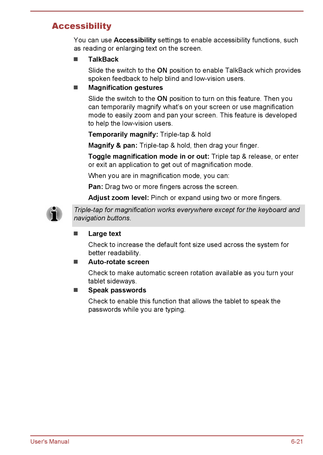 Toshiba AT10-A user manual Accessibility 