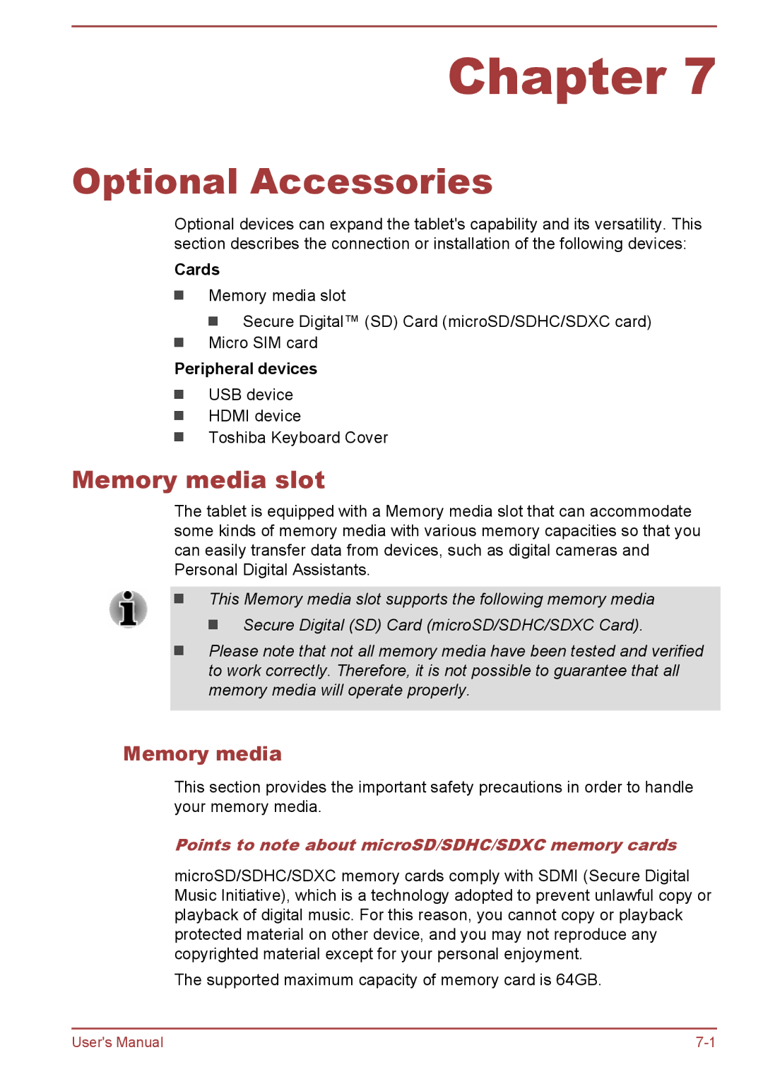 Toshiba AT10-A user manual Optional Accessories, Memory media slot, Points to note about microSD/SDHC/SDXC memory cards 