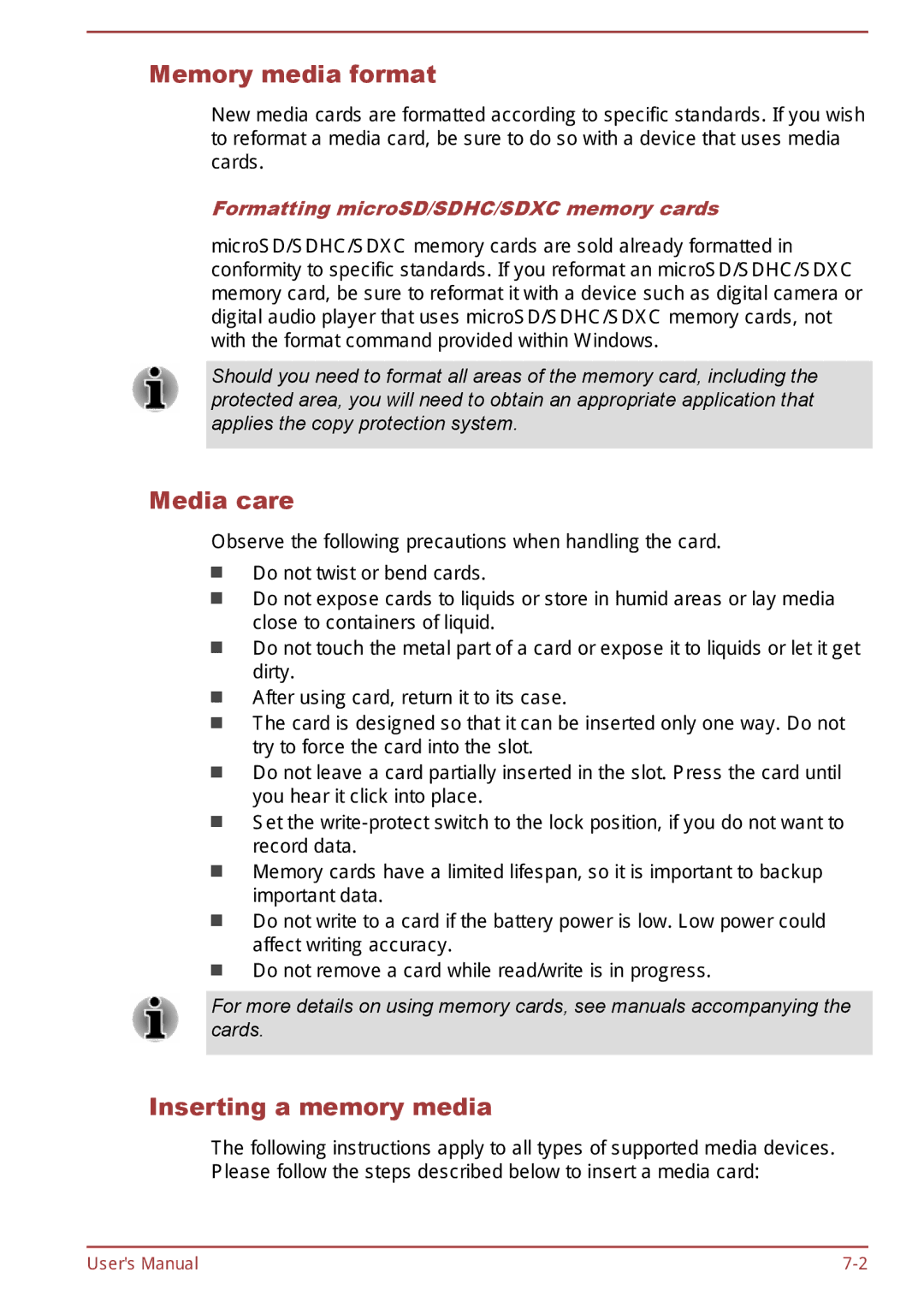 Toshiba AT10-A Memory media format, Media care, Inserting a memory media, Formatting microSD/SDHC/SDXC memory cards 