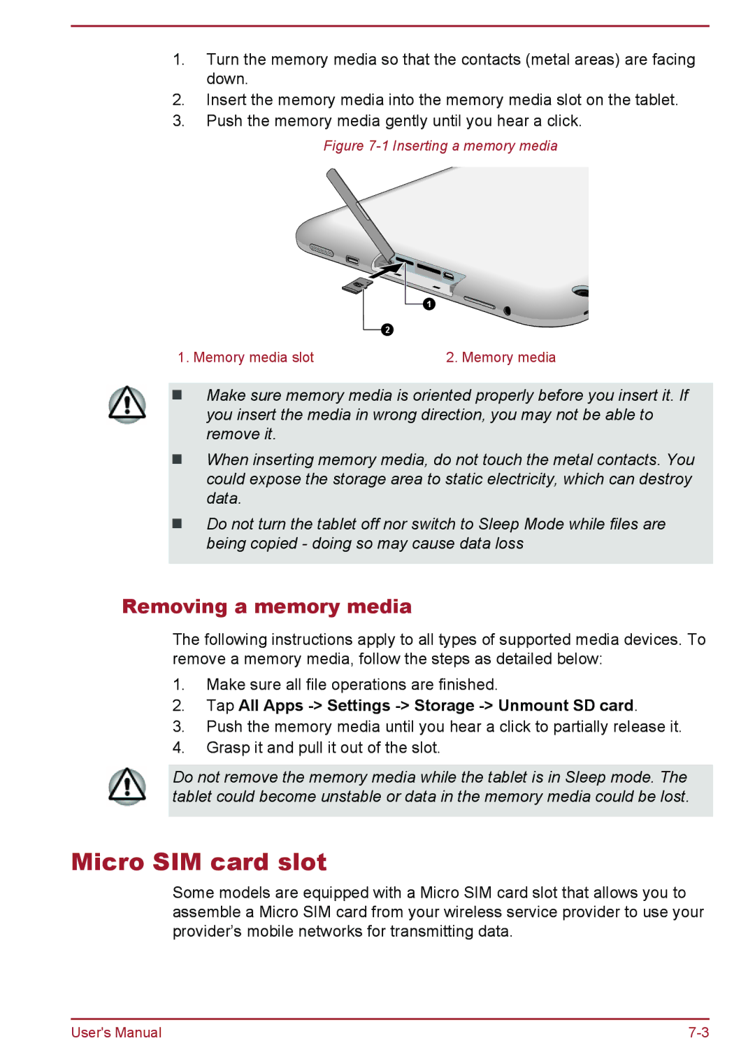 Toshiba AT10-A user manual Micro SIM card slot, Removing a memory media, Tap All Apps Settings Storage Unmount SD card 