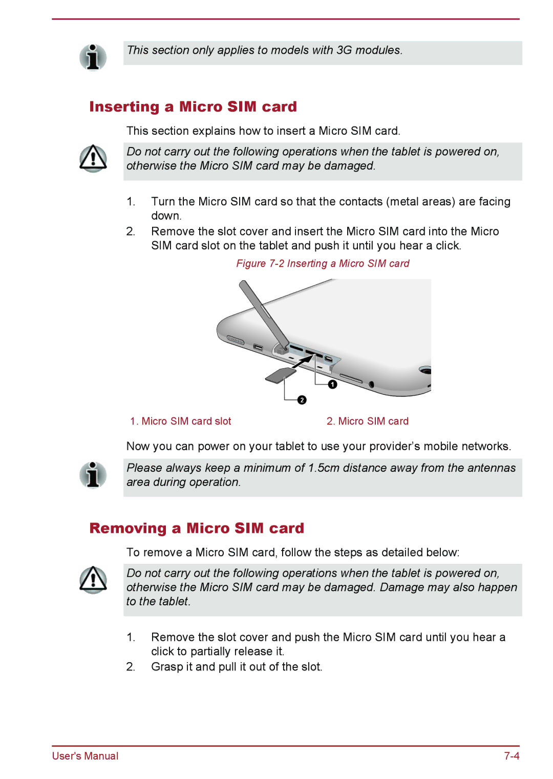 Toshiba AT10-A user manual Inserting a Micro SIM card, Removing a Micro SIM card 