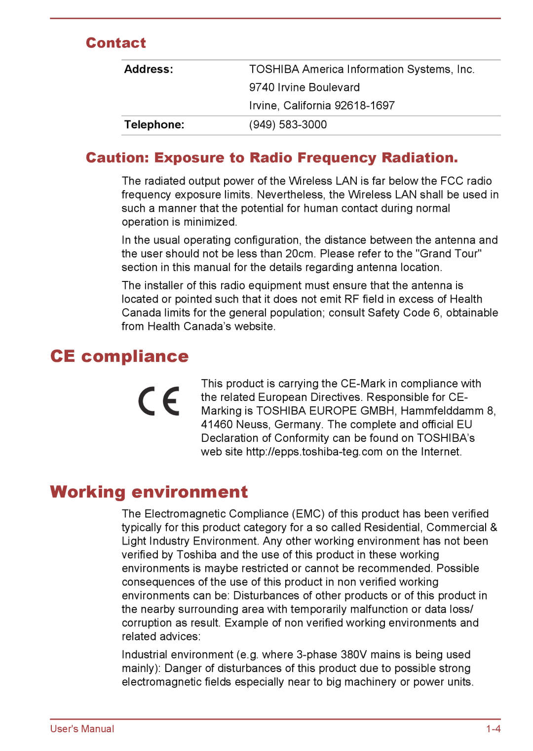 Toshiba AT10-A user manual CE compliance Working environment, Contact, Address, Telephone 