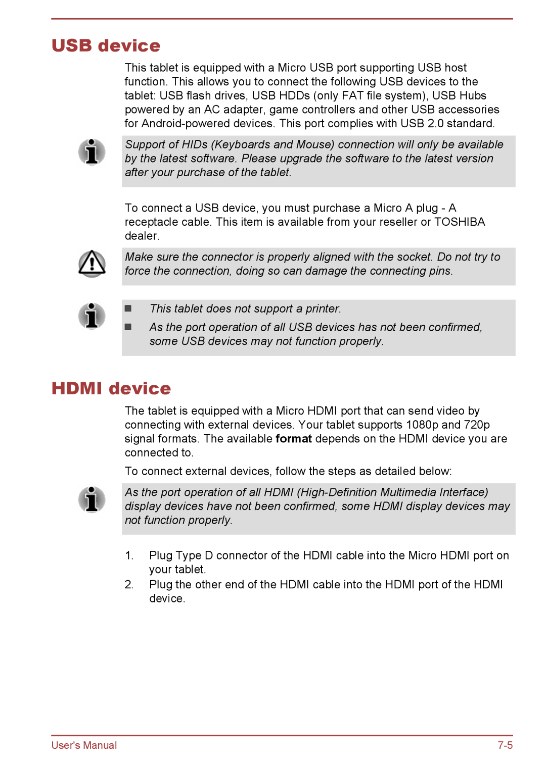 Toshiba AT10-A user manual USB device, Hdmi device 