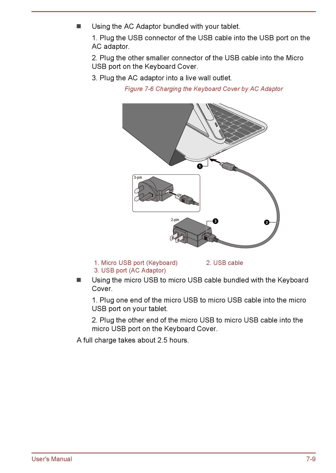 Toshiba AT10-A user manual Charging the Keyboard Cover by AC Adaptor 