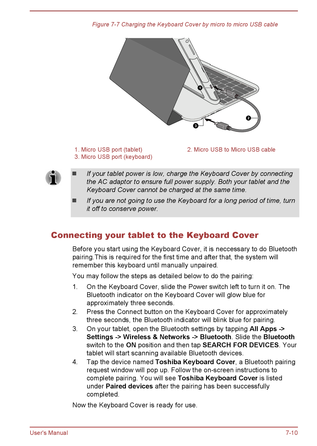 Toshiba AT10-A Connecting your tablet to the Keyboard Cover, Charging the Keyboard Cover by micro to micro USB cable 