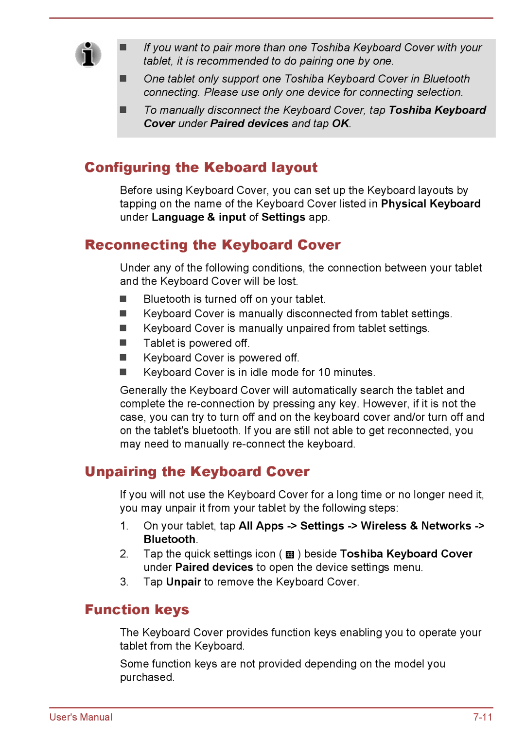 Toshiba AT10-A user manual Configuring the Keboard layout, Reconnecting the Keyboard Cover, Unpairing the Keyboard Cover 