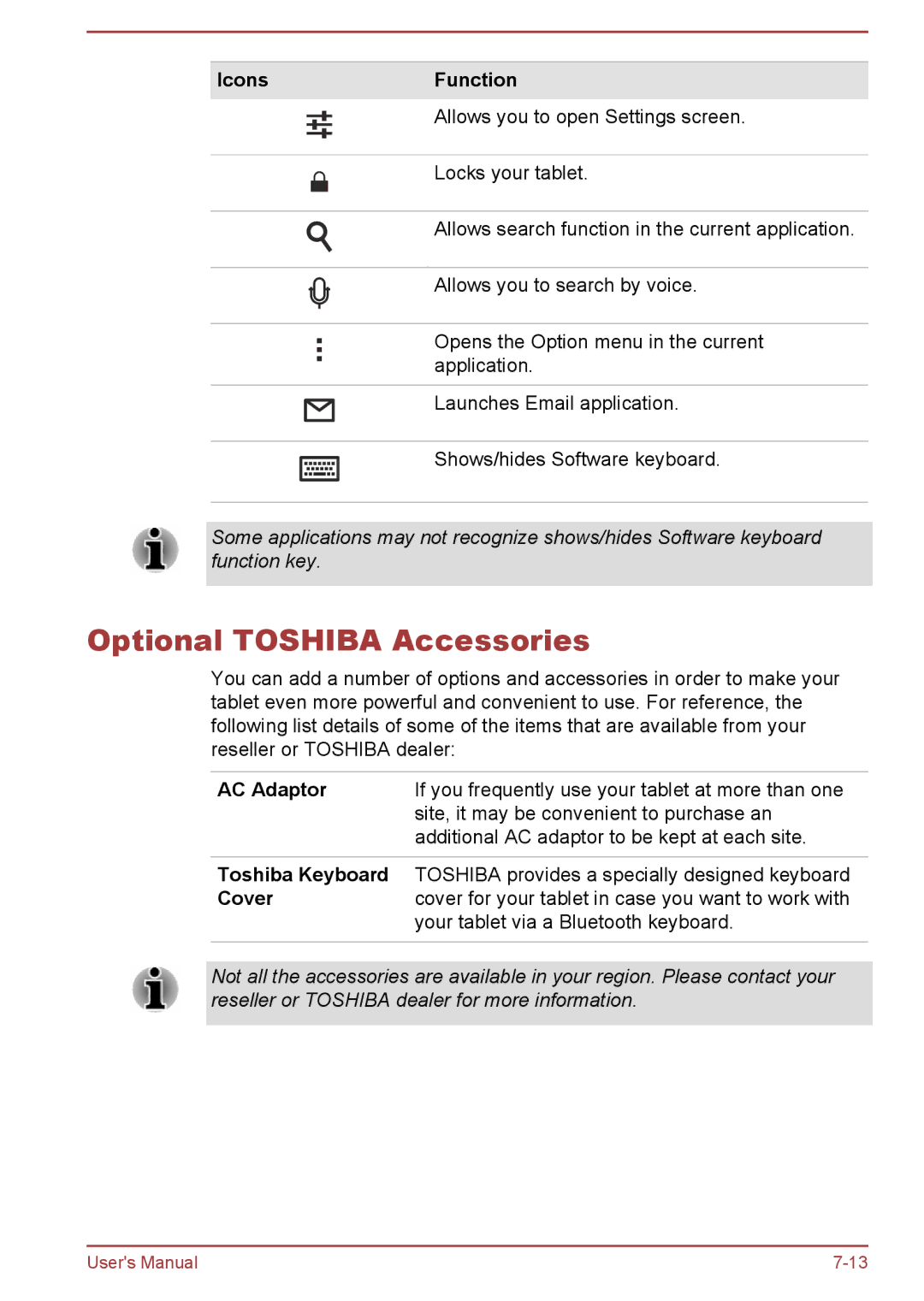 Toshiba AT10-A user manual Optional Toshiba Accessories, Toshiba Keyboard 