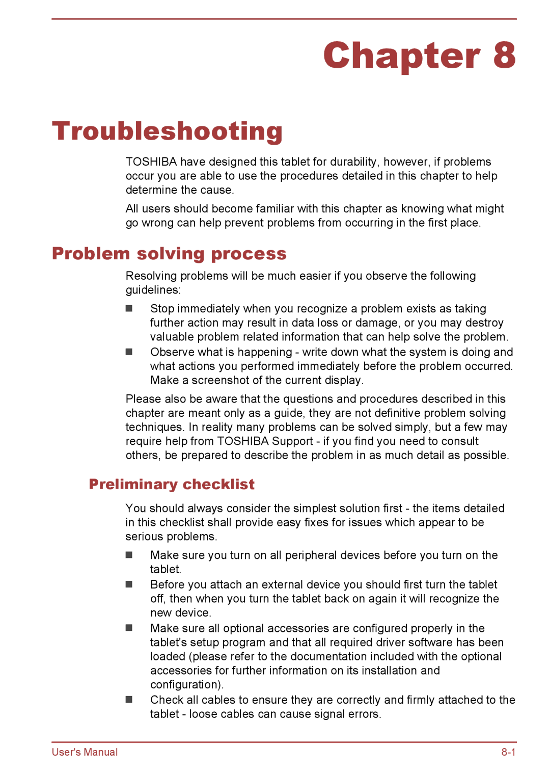 Toshiba AT10-A user manual Troubleshooting, Problem solving process, Preliminary checklist 