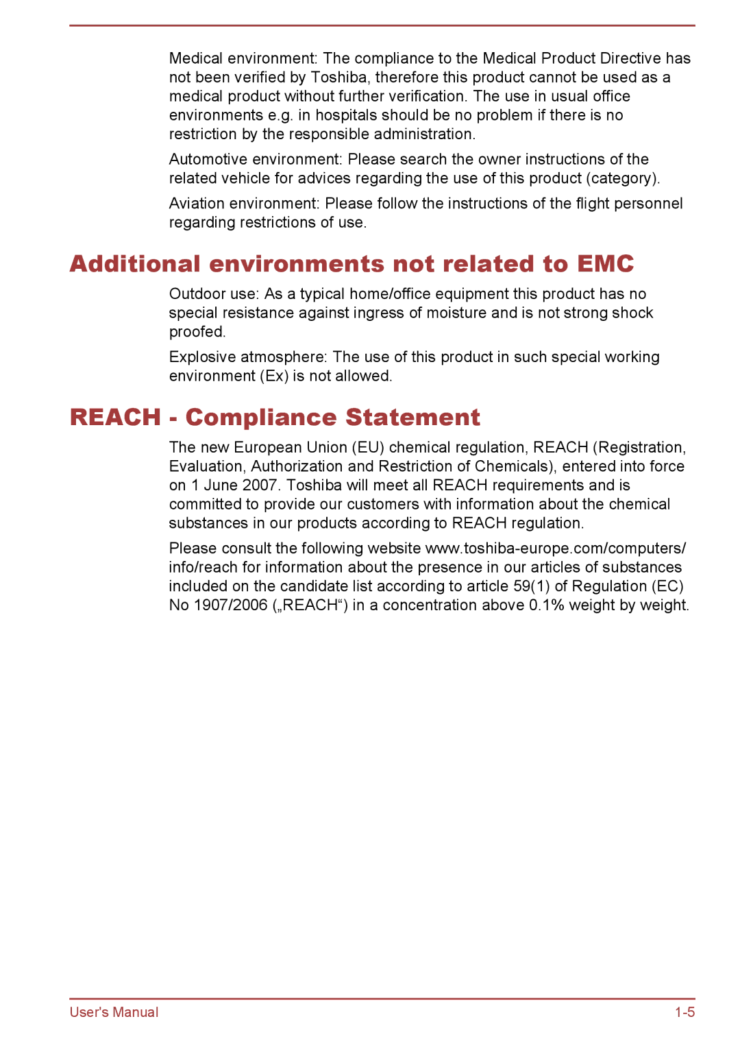 Toshiba AT10-A user manual Additional environments not related to EMC, Reach Compliance Statement 