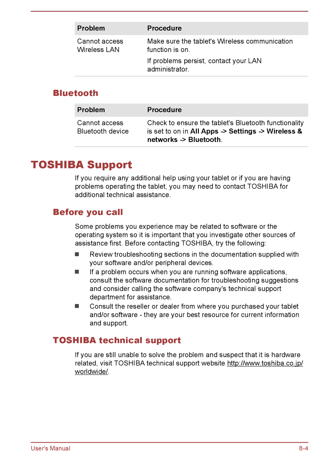 Toshiba AT10-A user manual Toshiba Support, Before you call, Toshiba technical support 