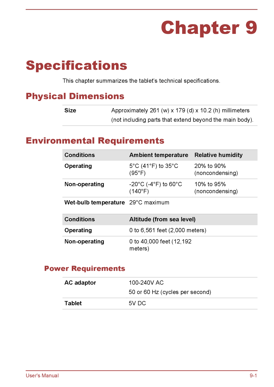 Toshiba AT10-A user manual Specifications, Physical Dimensions, Environmental Requirements, Power Requirements 