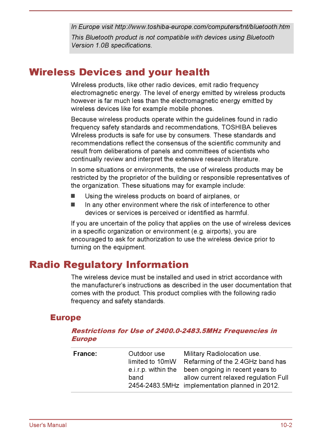 Toshiba AT10-A user manual Wireless Devices and your health, Radio Regulatory Information, Europe, France 