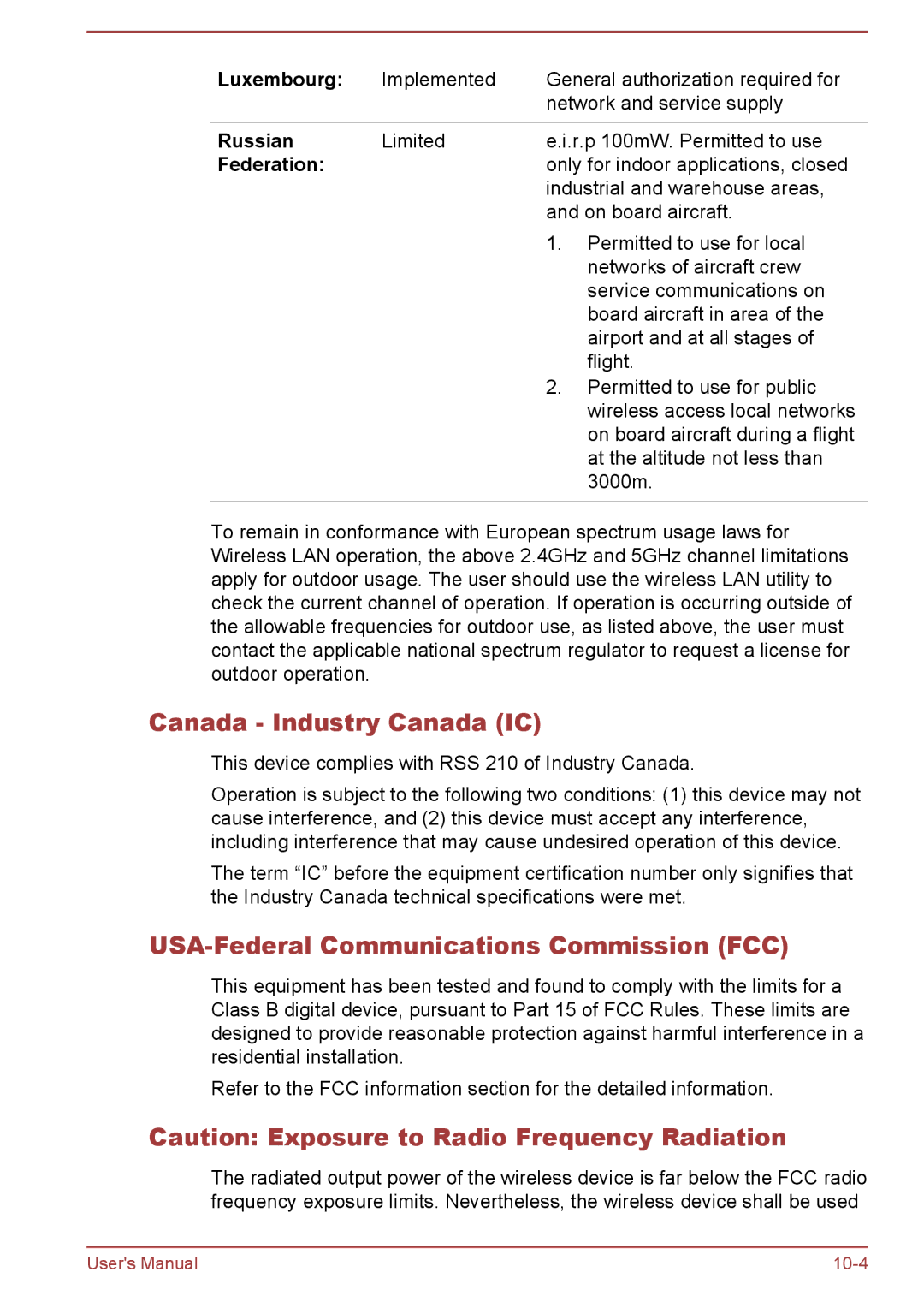 Toshiba AT10-A user manual Canada Industry Canada IC, USA-Federal Communications Commission FCC 