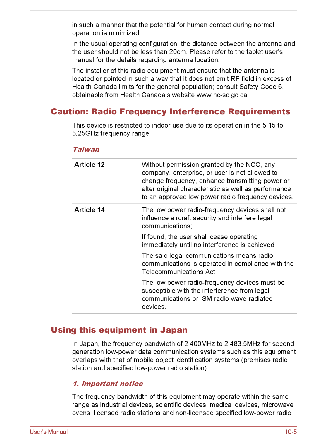 Toshiba AT10-A user manual Using this equipment in Japan, Taiwan, Article, Important notice 