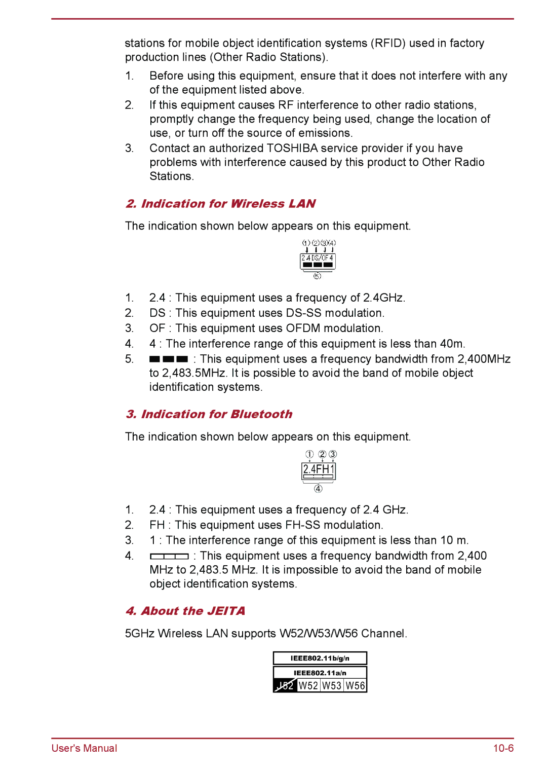 Toshiba AT10-A user manual Indication for Wireless LAN, Indication for Bluetooth, About the Jeita 