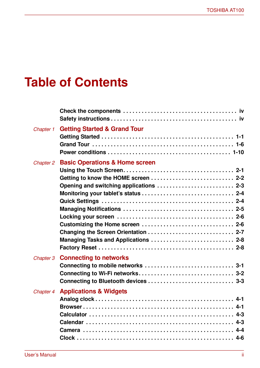 Toshiba AT100 user manual Table of Contents 