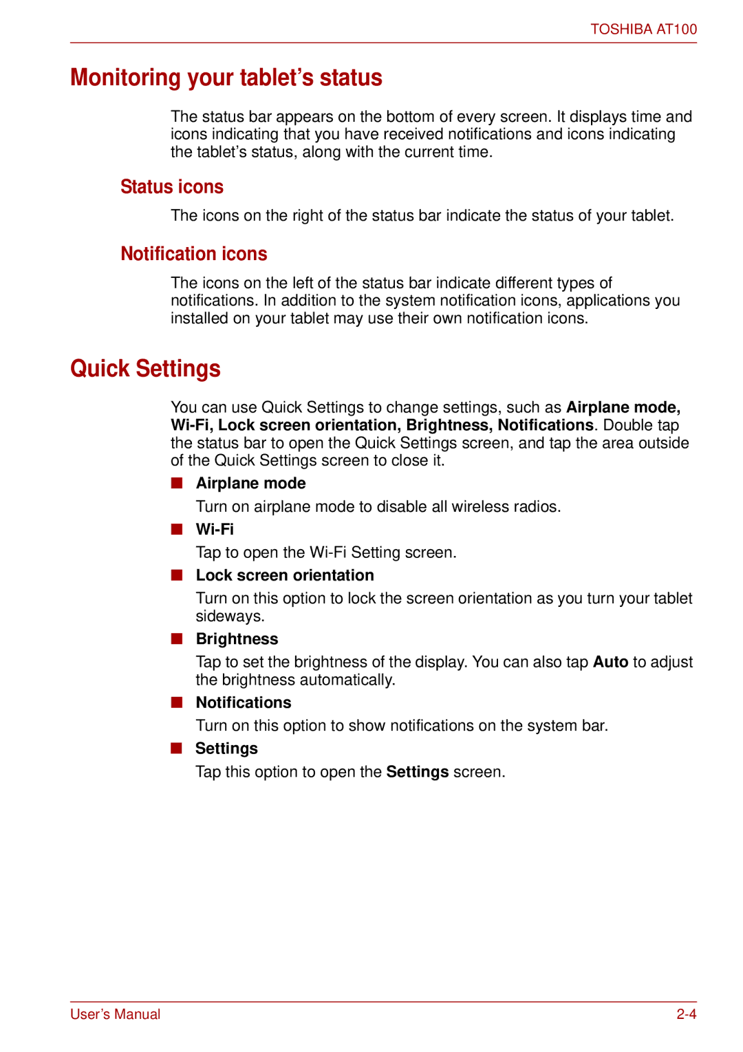 Toshiba AT100 user manual Monitoring your tablet’s status, Quick Settings, Status icons, Notification icons 