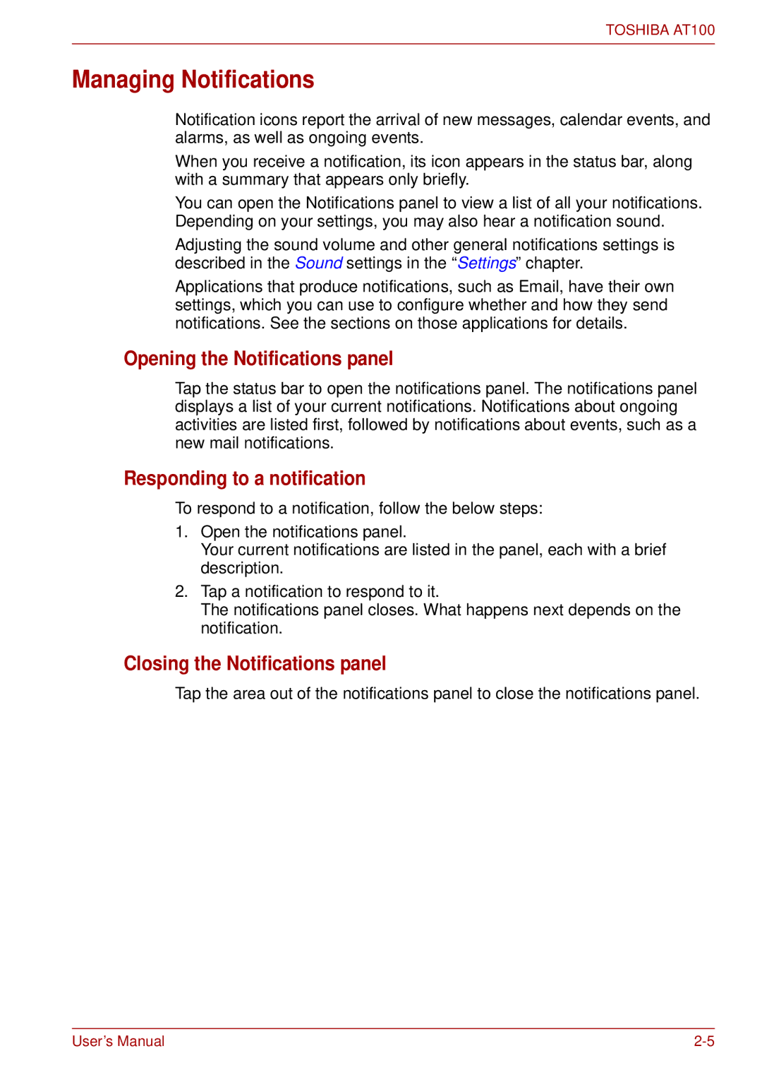 Toshiba AT100 user manual Managing Notifications, Opening the Notifications panel, Responding to a notification 