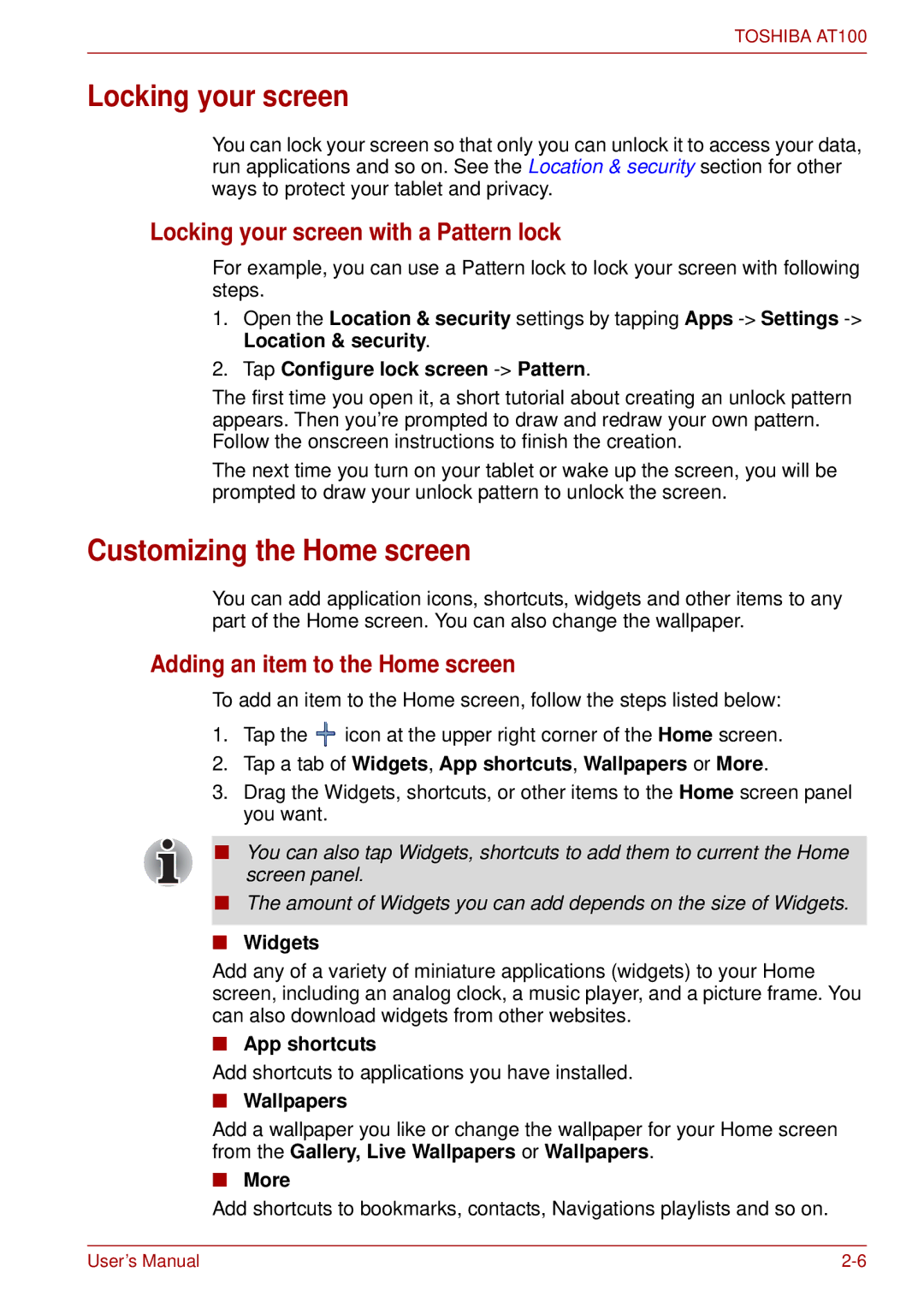 Toshiba AT100 Customizing the Home screen, Locking your screen with a Pattern lock, Adding an item to the Home screen 