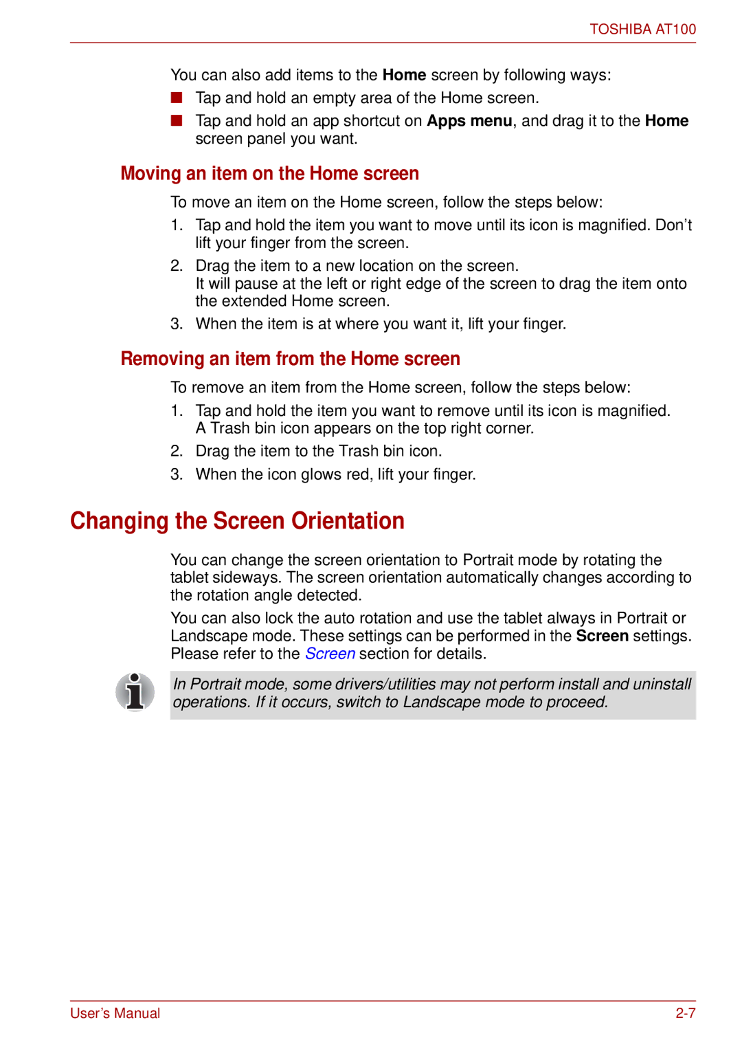 Toshiba AT100 Changing the Screen Orientation, Moving an item on the Home screen, Removing an item from the Home screen 