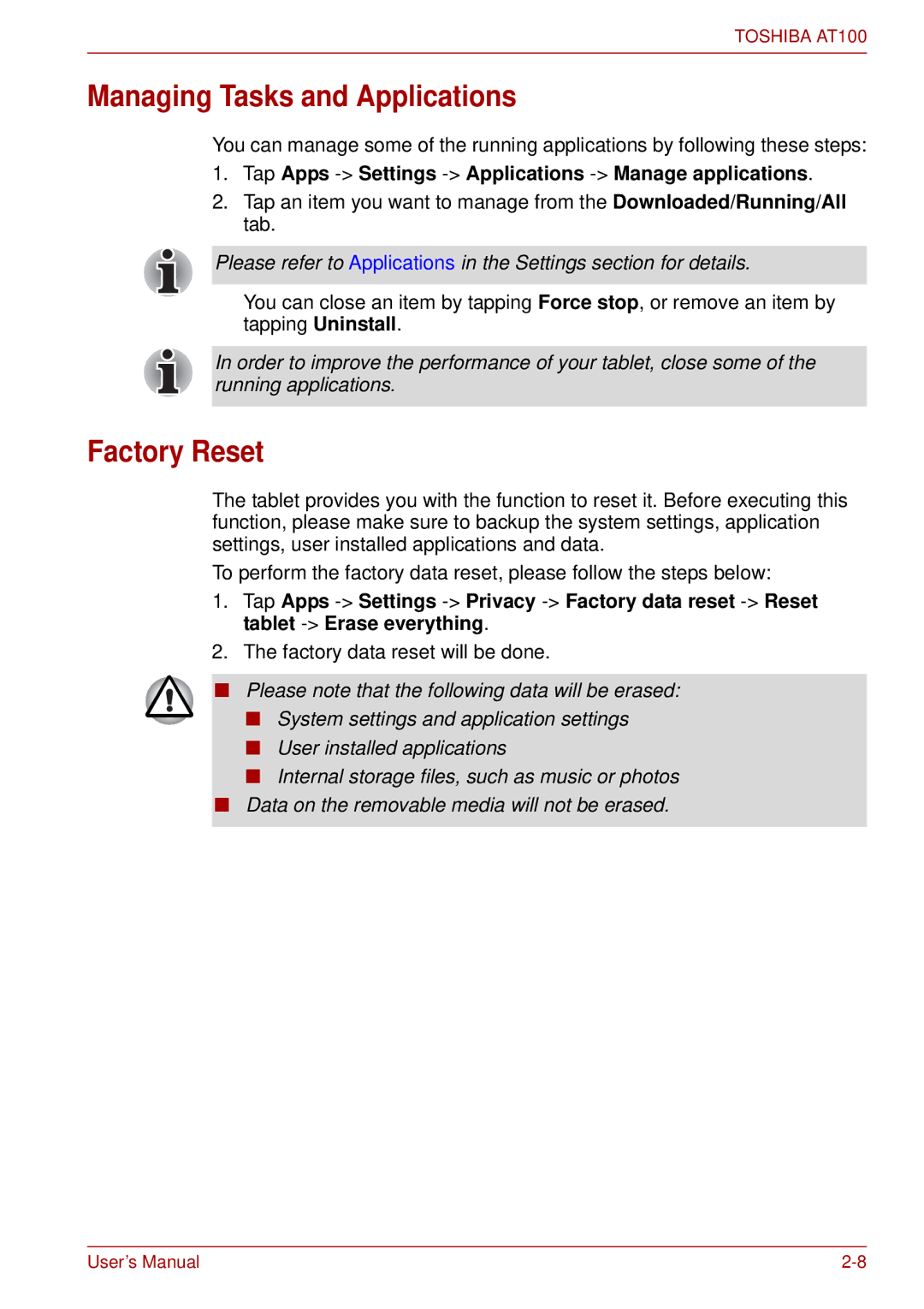 Toshiba AT100 Managing Tasks and Applications, Factory Reset, Tap Apps -Settings -Applications -Manage applications 