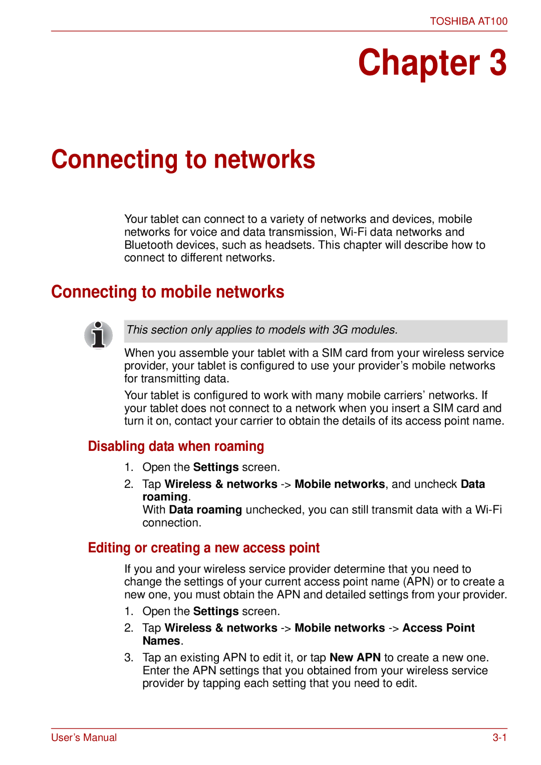 Toshiba AT100 user manual Connecting to networks, Connecting to mobile networks, Disabling data when roaming 