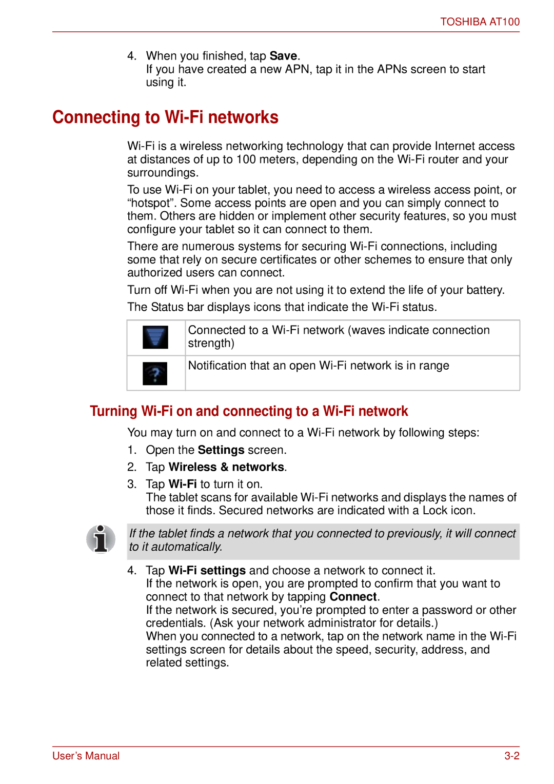 Toshiba AT100 Connecting to Wi-Fi networks, Turning Wi-Fi on and connecting to a Wi-Fi network, Tap Wireless & networks 