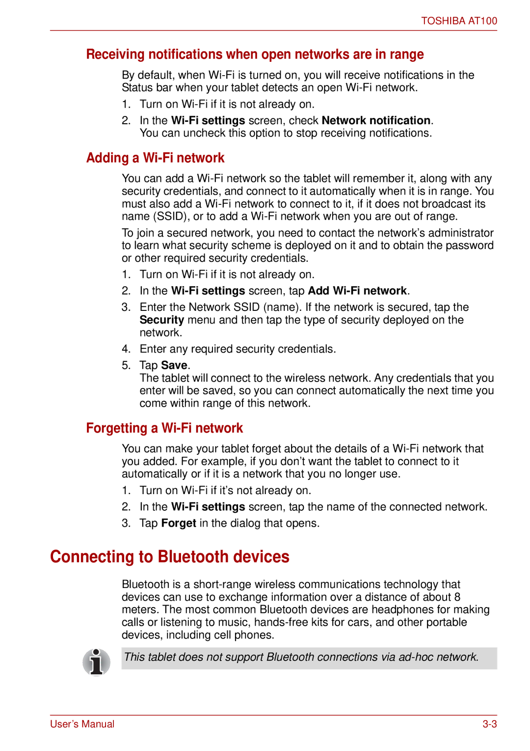 Toshiba AT100 user manual Connecting to Bluetooth devices, Receiving notifications when open networks are in range 