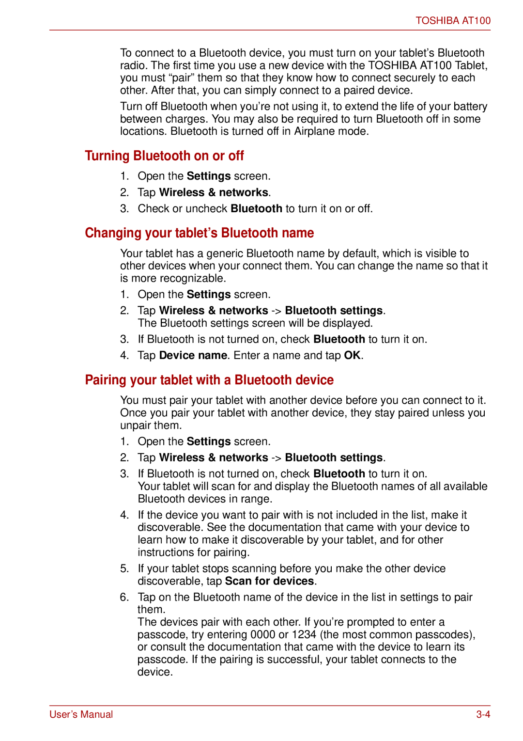 Toshiba AT100 user manual Turning Bluetooth on or off, Changing your tablet’s Bluetooth name 