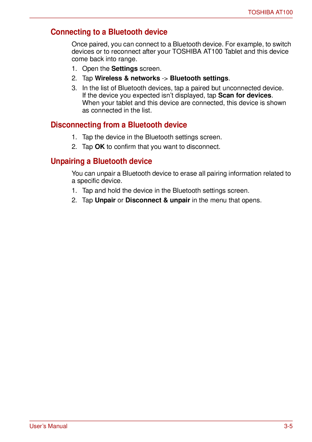 Toshiba AT100 Connecting to a Bluetooth device, Disconnecting from a Bluetooth device, Unpairing a Bluetooth device 