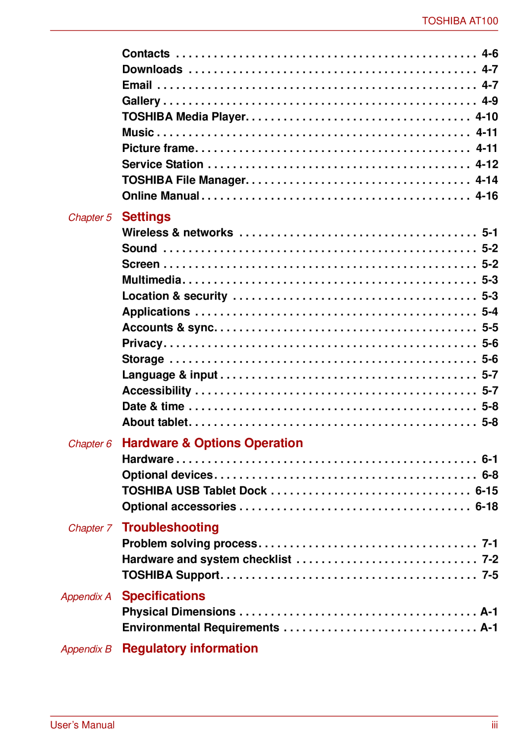 Toshiba AT100 user manual Hardware & Options Operation 