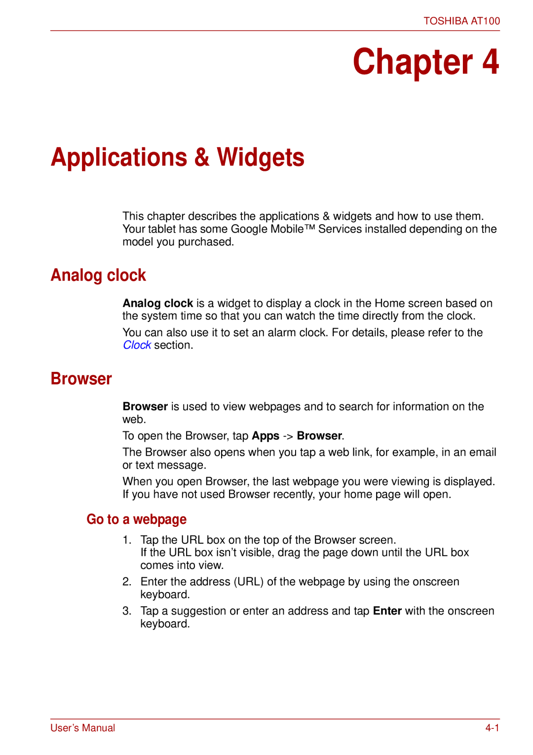 Toshiba AT100 user manual Applications & Widgets, Analog clock, Browser, Go to a webpage 