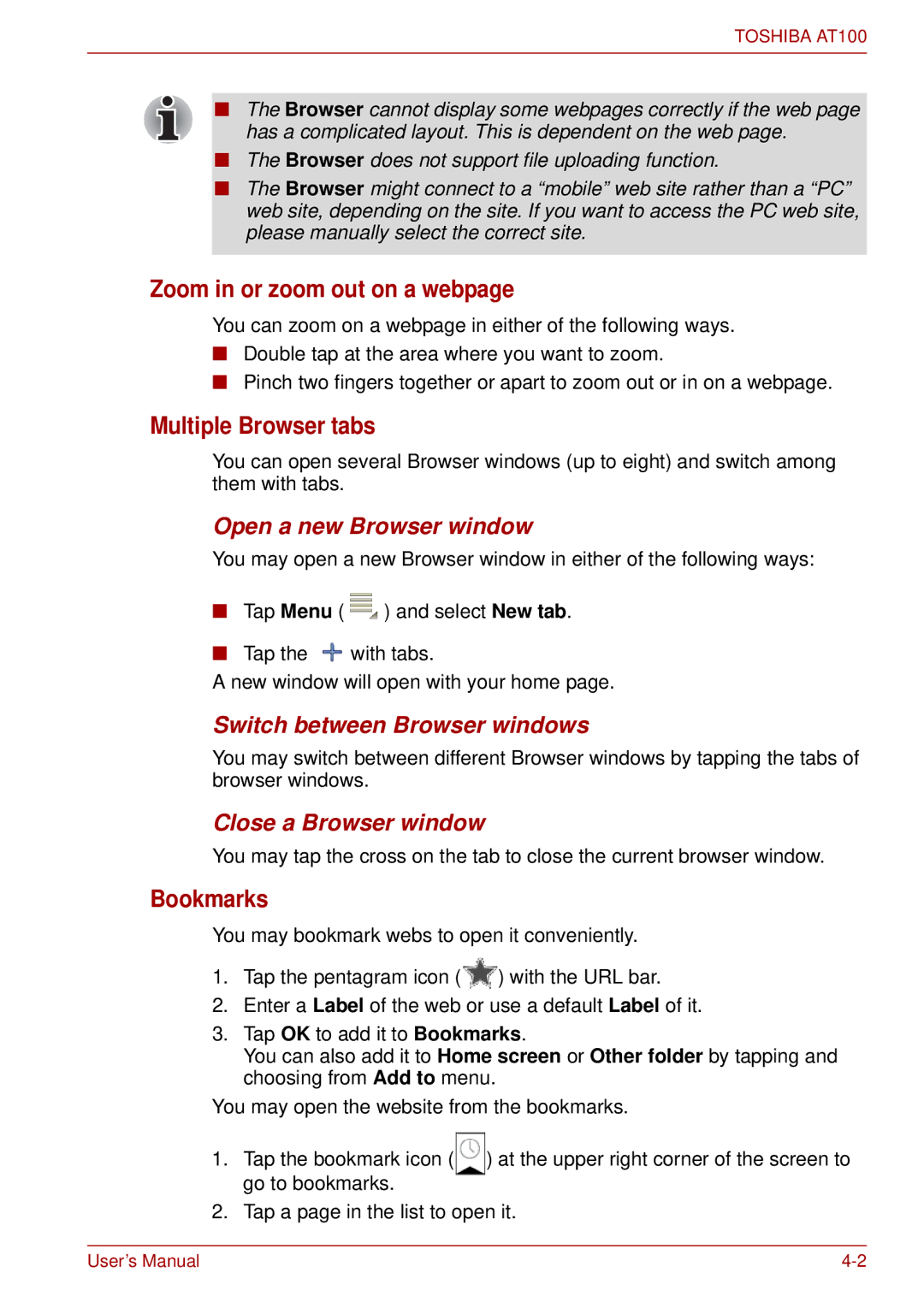 Toshiba AT100 user manual Zoom in or zoom out on a webpage, Multiple Browser tabs, Bookmarks 