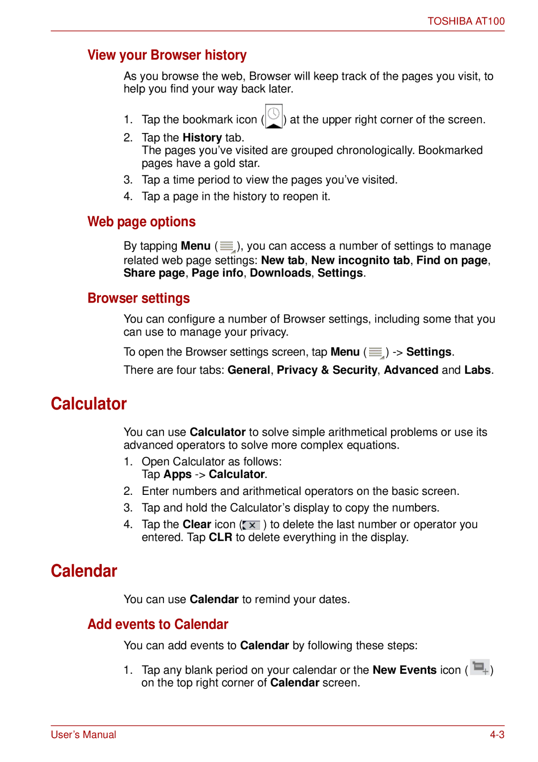 Toshiba AT100 user manual Calculator, Calendar 