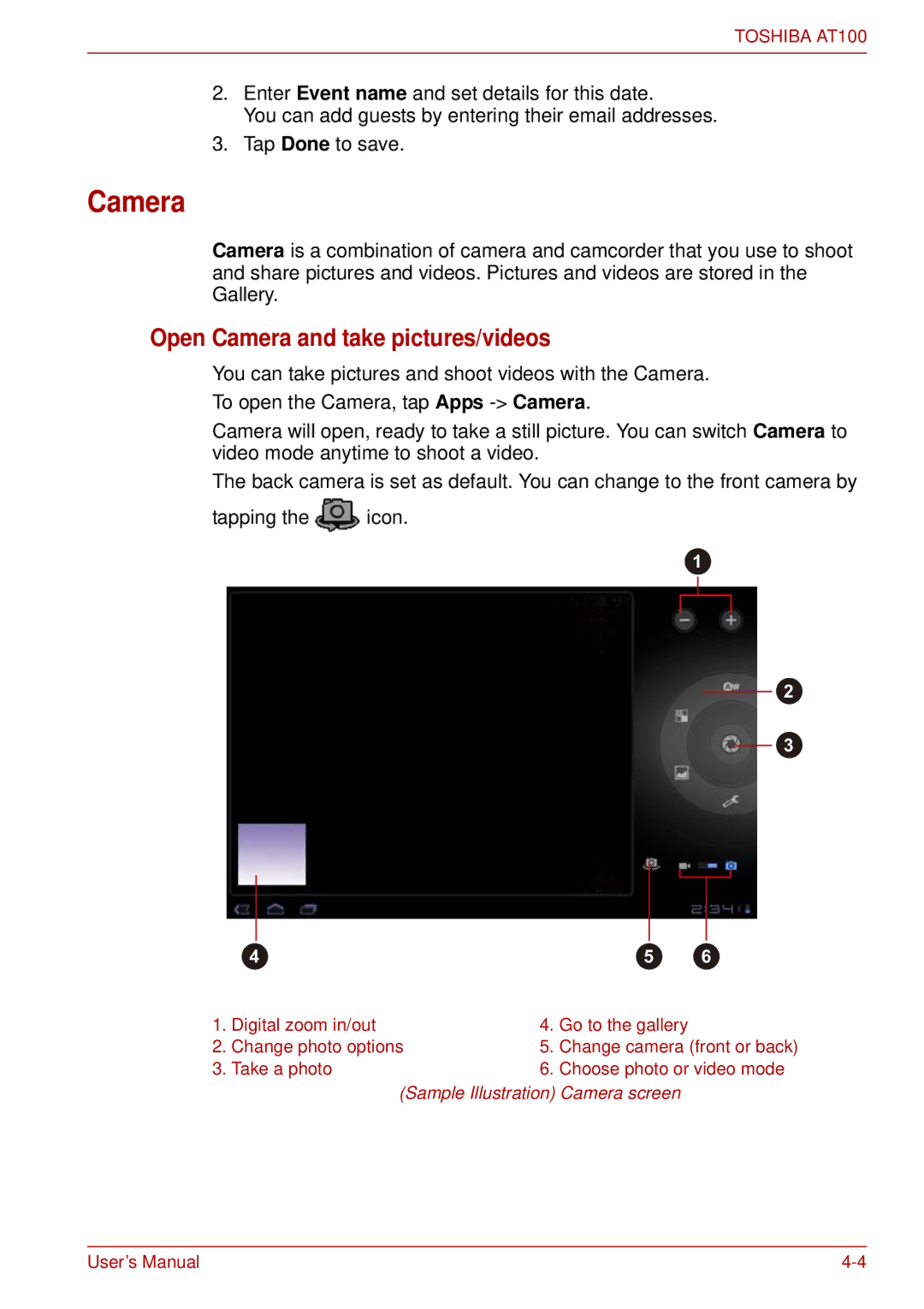 Toshiba AT100 user manual Open Camera and take pictures/videos 