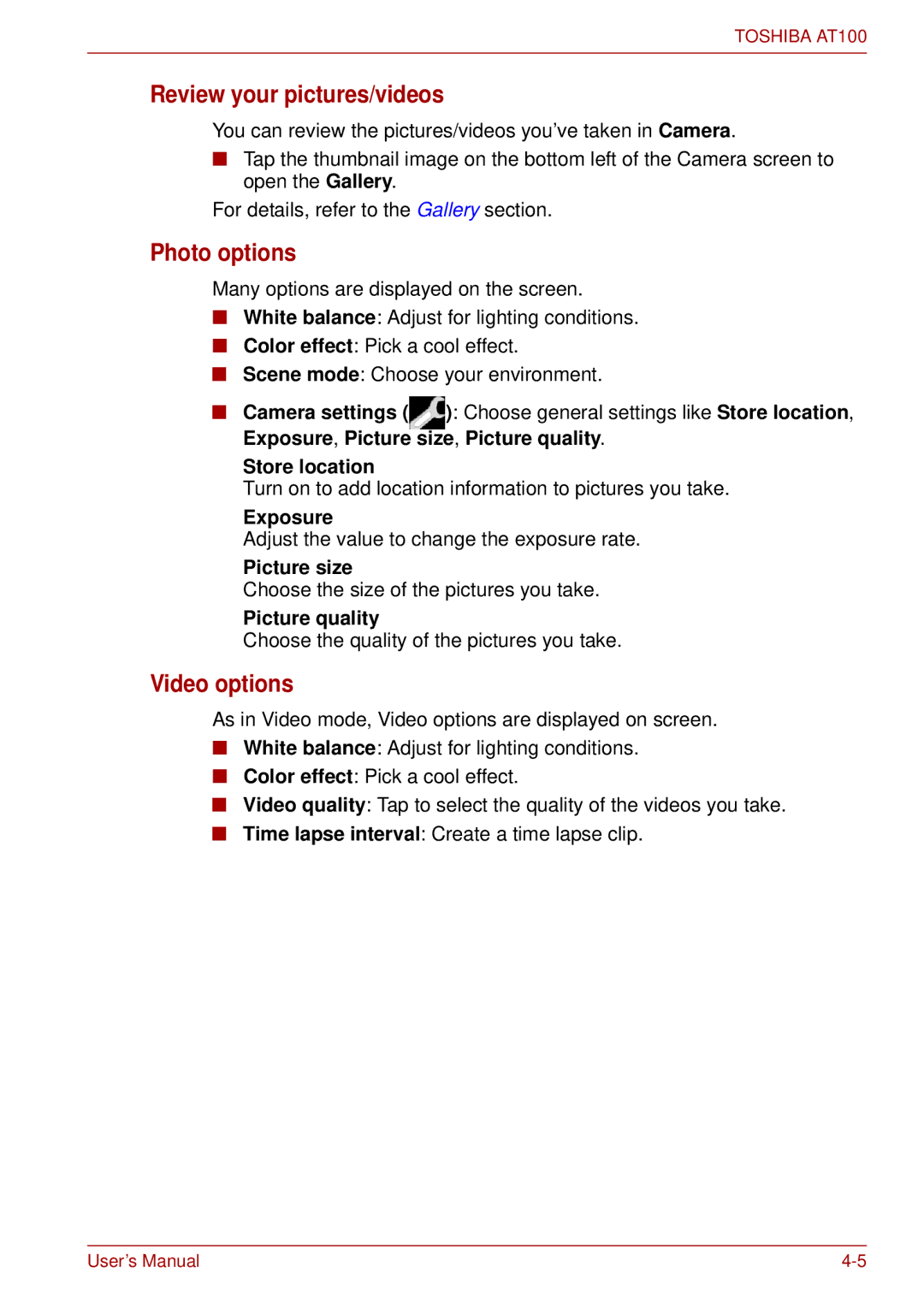 Toshiba AT100 user manual Review your pictures/videos, Photo options, Video options 