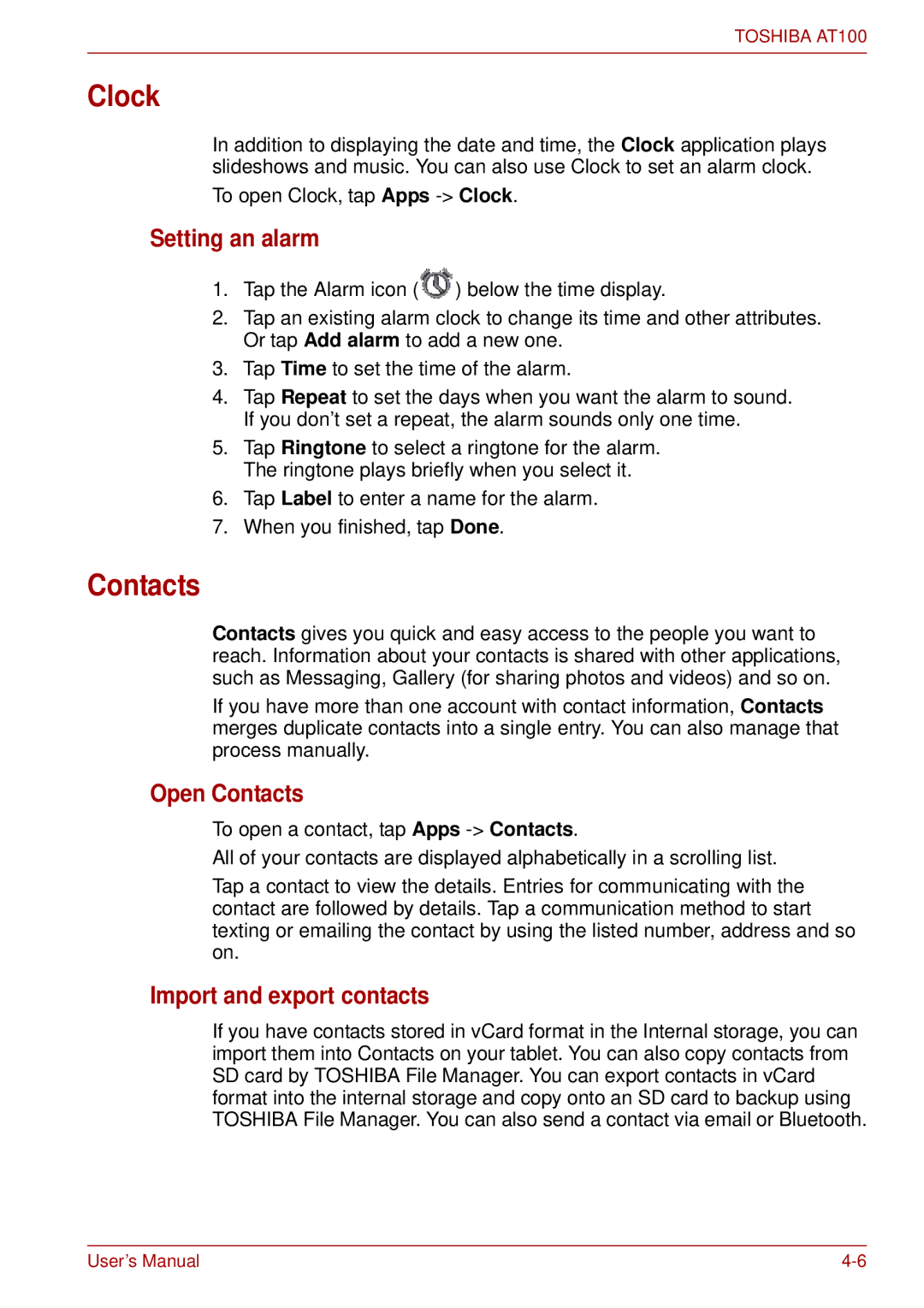 Toshiba AT100 user manual Clock, Setting an alarm, Open Contacts, Import and export contacts 