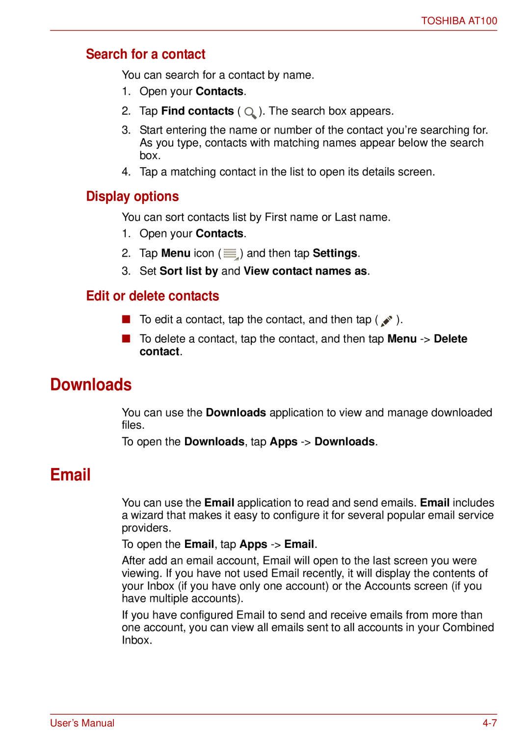 Toshiba AT100 user manual Downloads, Search for a contact, Display options, Edit or delete contacts 