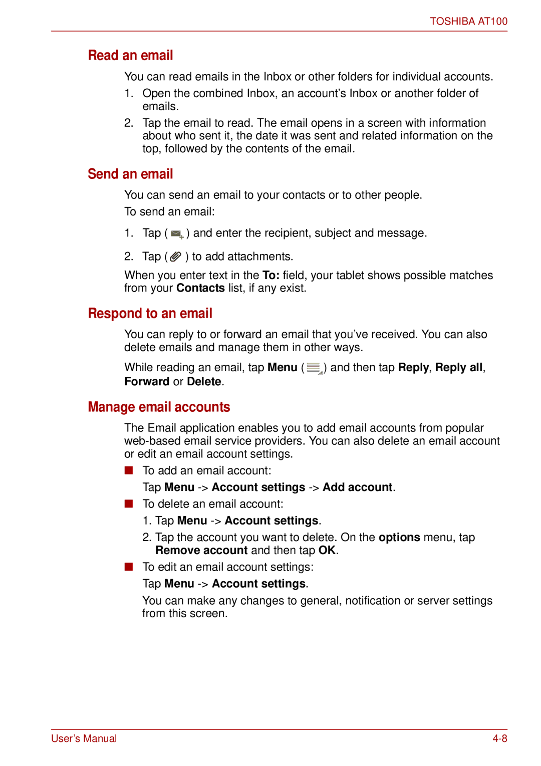 Toshiba AT100 user manual Read an email, Send an email, Respond to an email, Manage email accounts 