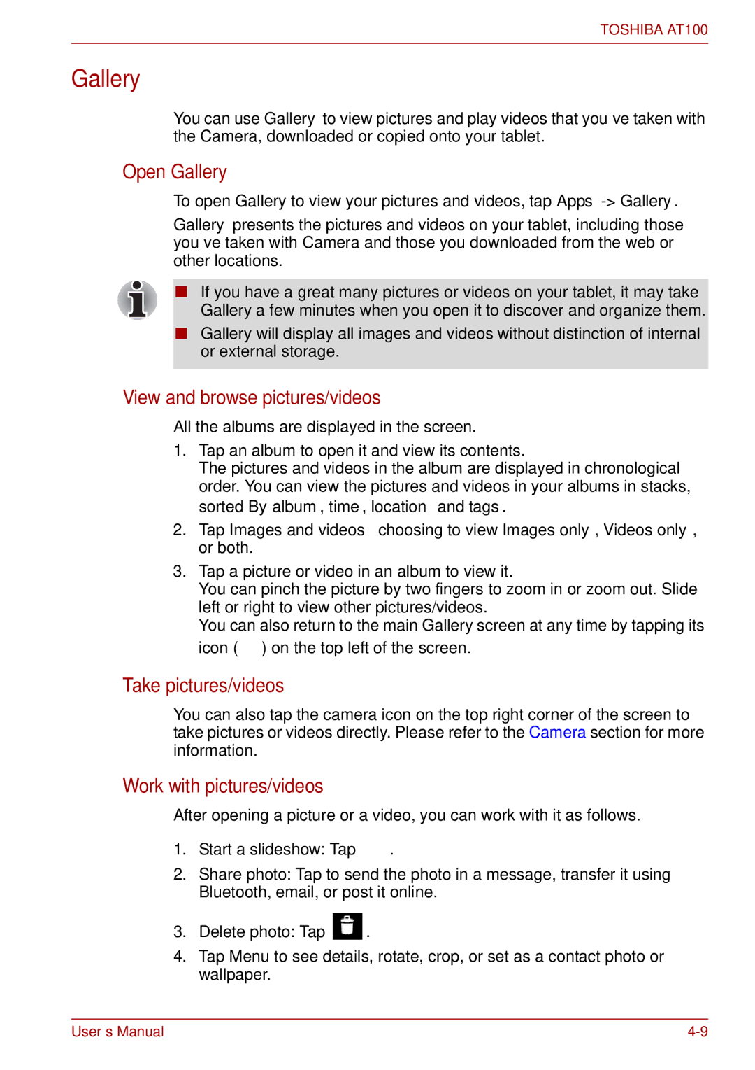 Toshiba AT100 Open Gallery, View and browse pictures/videos, Take pictures/videos, Work with pictures/videos 