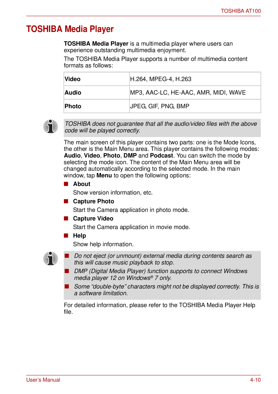 Toshiba AT100 user manual Toshiba Media Player 