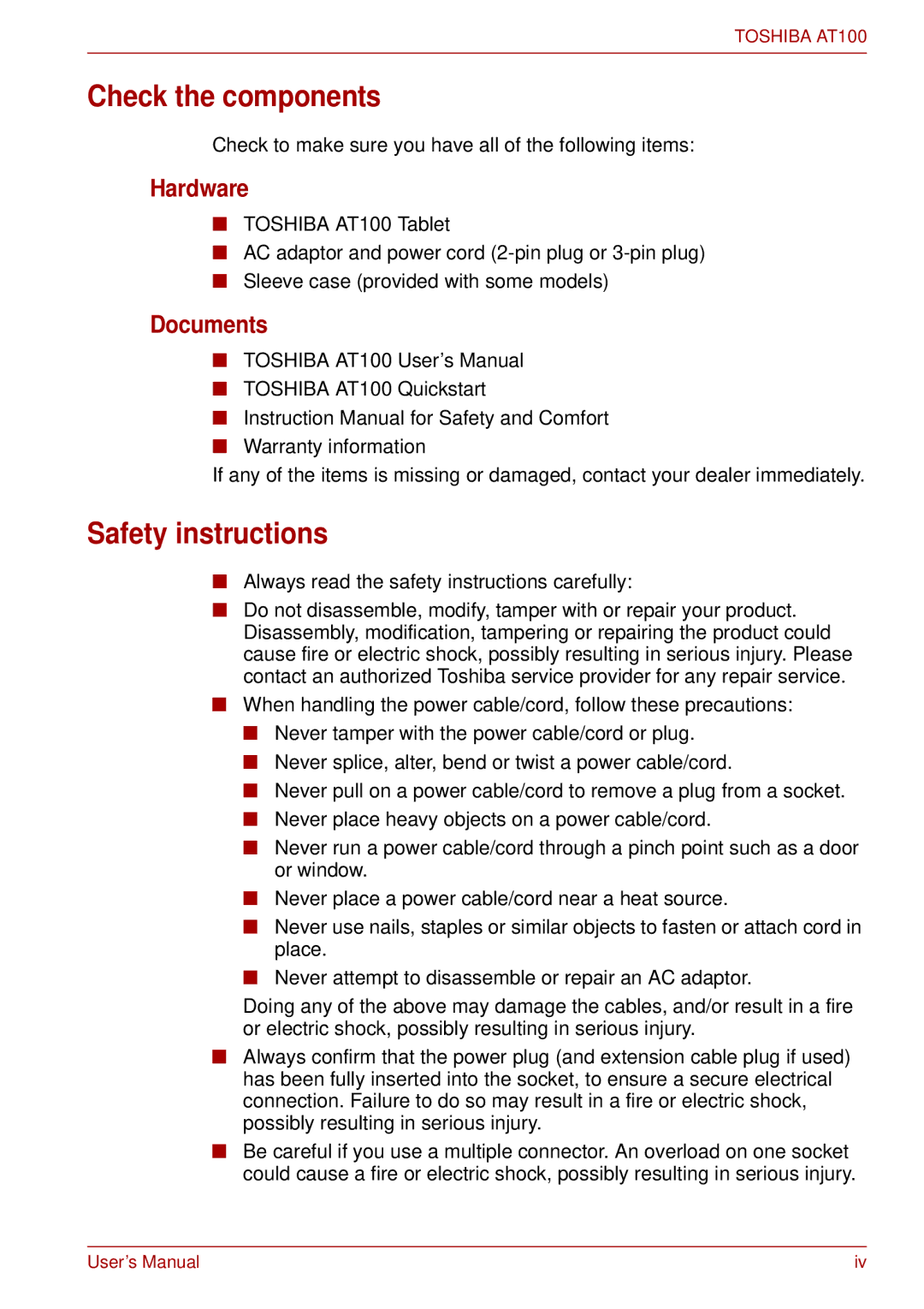 Toshiba AT100 user manual Check the components, Safety instructions, Hardware, Documents 