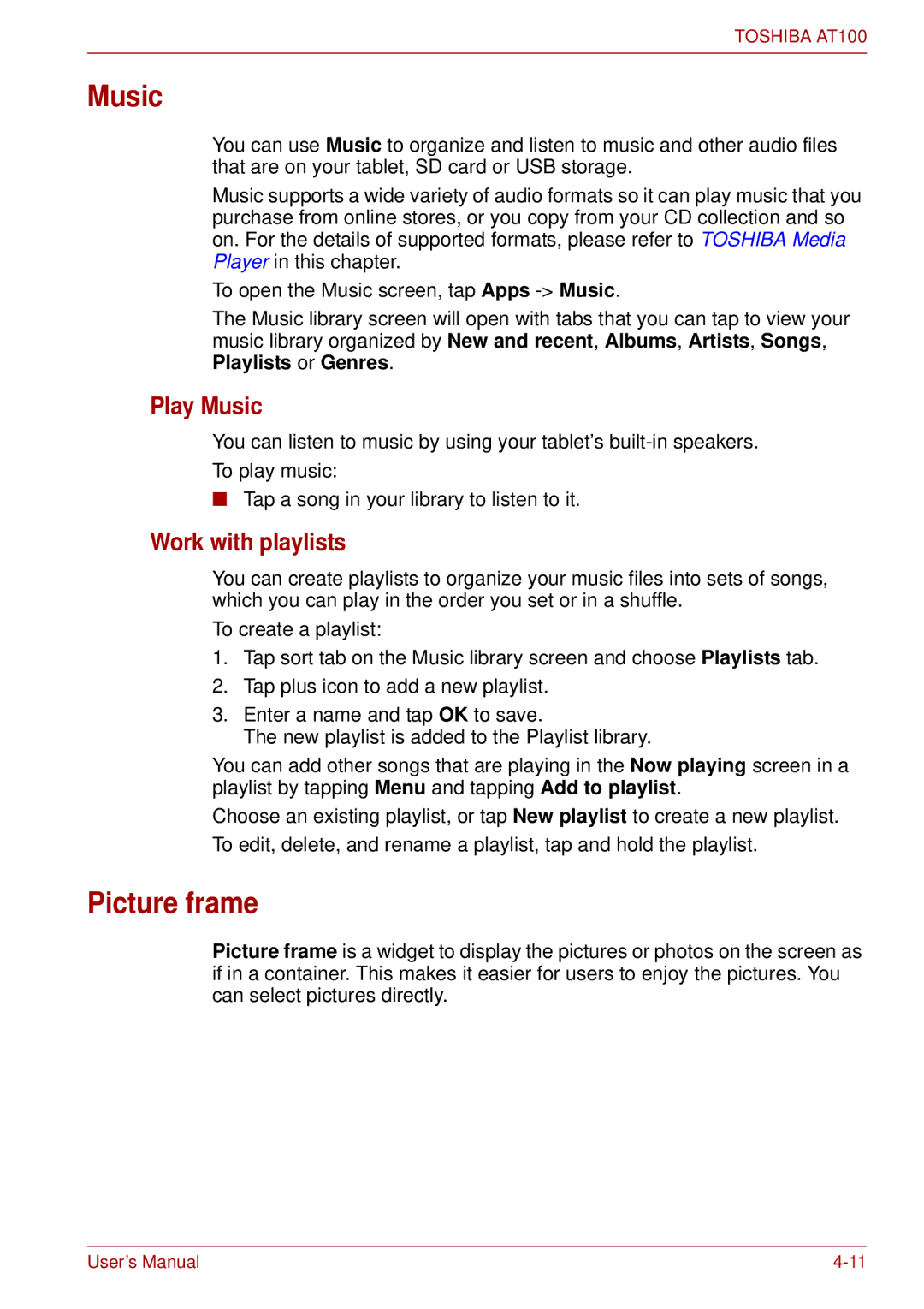 Toshiba AT100 user manual Picture frame, Play Music, Work with playlists 