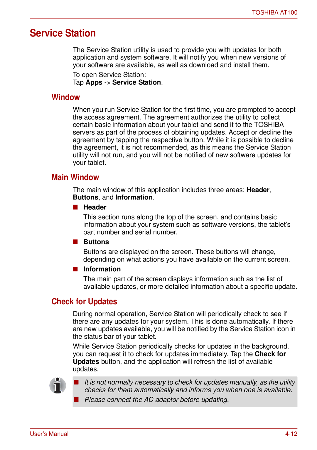 Toshiba AT100 user manual Service Station, Main Window, Check for Updates 